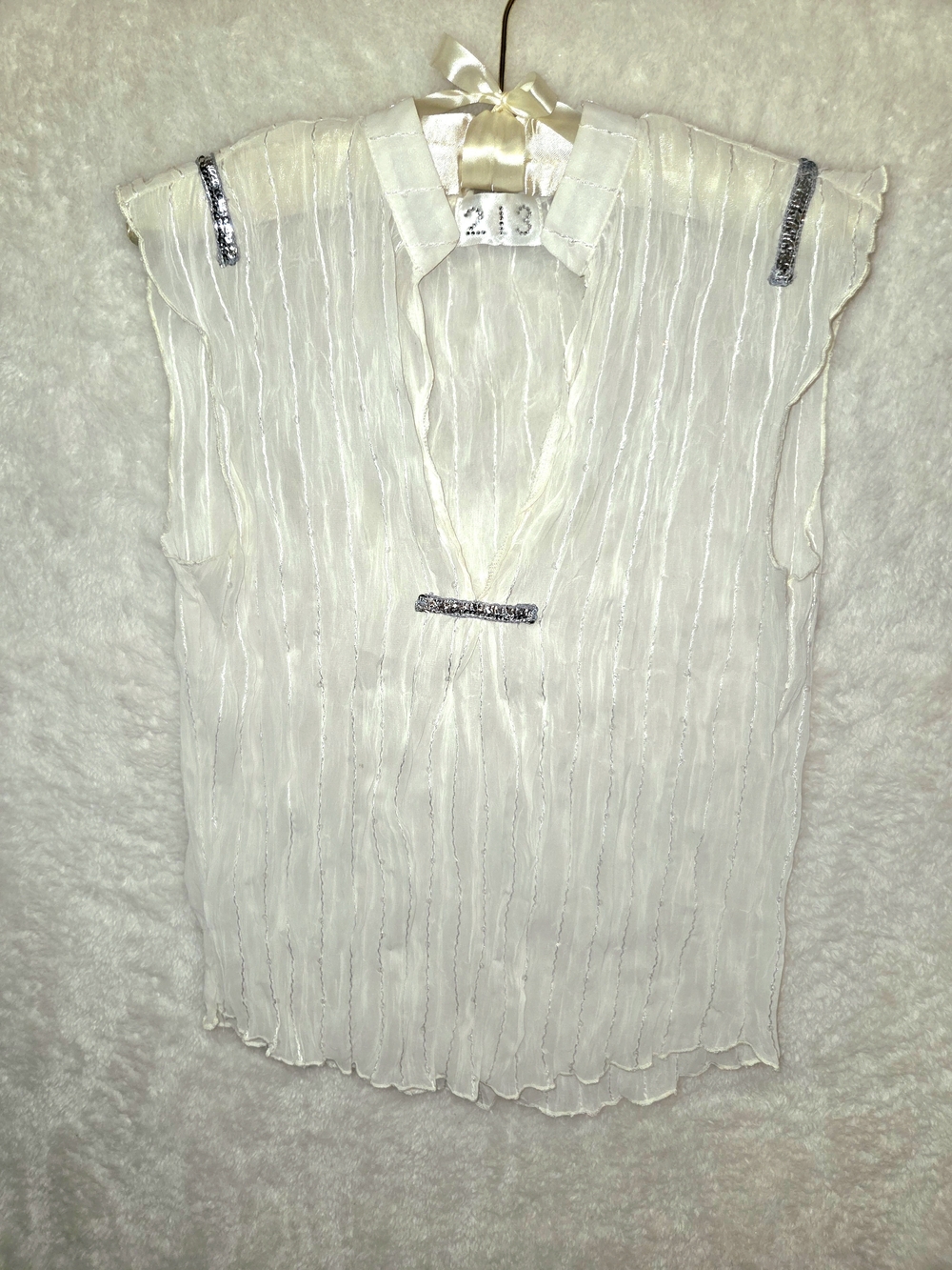 Vtg Y2K White Sheer Crinkle Blouse Silver Sequin Sleeveless Top Sz S See Measure